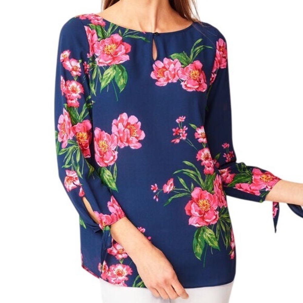 Talbots Womens Floral Tie Sleeve Blouse Top Navy Blue Size 2X Feminine Office